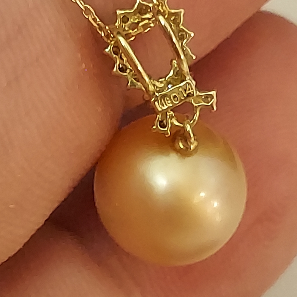 18K Yellow Gold Golden South Sea Pearl Diamond Pendant Necklace - Picture 9 of 14